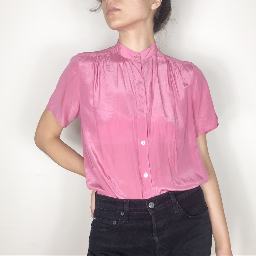 Vintage Silk Mandarin Collar Button Down Top Pink